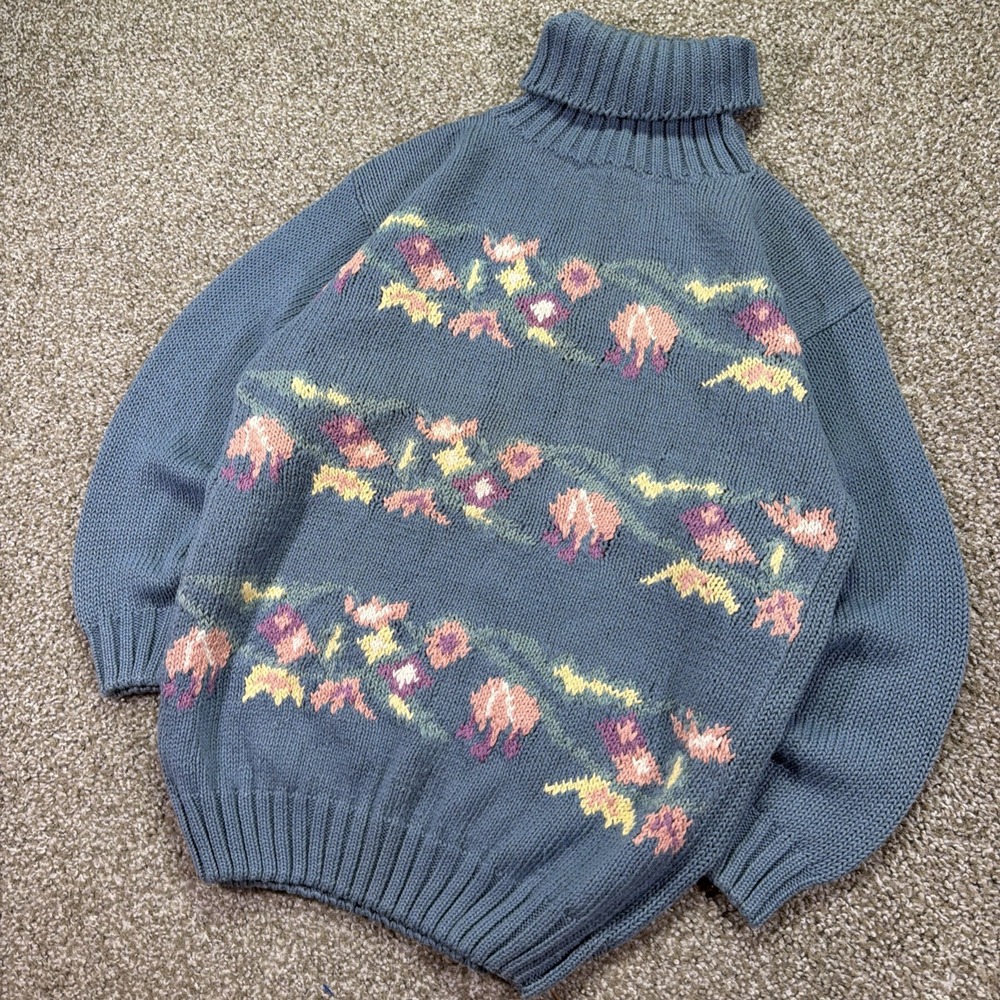Vtg Cambridge Spirit Floral Knit Turtleneck Sweater Blue Pastel Cotton Large